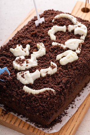 Chocolate cake for a kids birthday with edible dinosaur bones and chocolate earth crumble served with shovel spoonsの写真素材