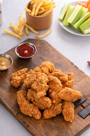 Chicken nuggets or chicken strips on a board with dipping sauces, fries and celery sticksの写真素材