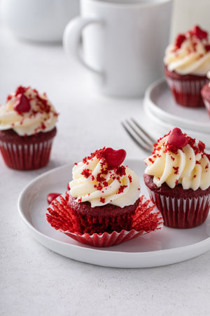 Red velvet cupcakes with cream cheese frosting for Valentines dayの写真素材