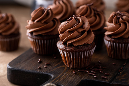 Dark chocolate cupcakes with chocolate ganache frostingの写真素材