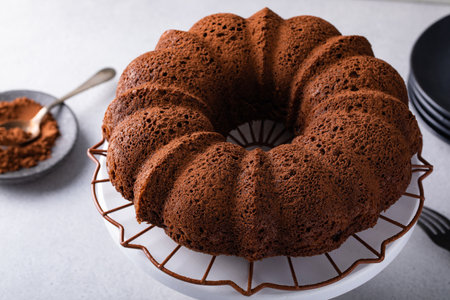 Chocolate bundt cake dusted with cocoa powder, homemade chocolate dessertの写真素材