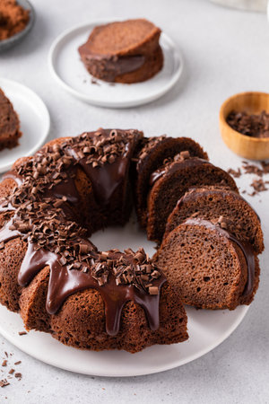 Chocolate bundt cake with chocolate ganache icing, homemade chocolate dessertの写真素材