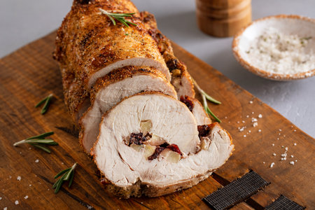 Pork loin roast stuffed with rosemary, cranberry and applesの写真素材
