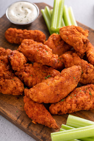Buffalo fried chicken strips on a board with ranch and celery sticksの写真素材