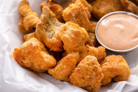 Fried catfish nuggets in a bowl with dipping sauceの写真素材