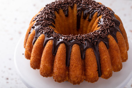 Orange bundt cake topped with chocolate ganache and chocolate sprinklesの写真素材