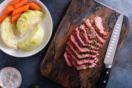 Corned beef sliced on a cutting board traditional Irish recipe for Saint Patricks dayの写真素材