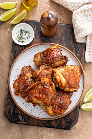 Chicken thighs roasted or air fried with paprika, spices rub and lime on a plate overhead shotの写真素材