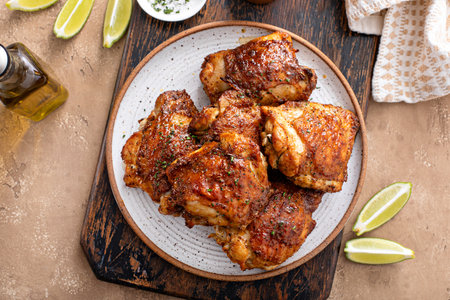 Chicken thighs roasted or air fried with paprika, spices rub and lime on a plate overhead shotの写真素材