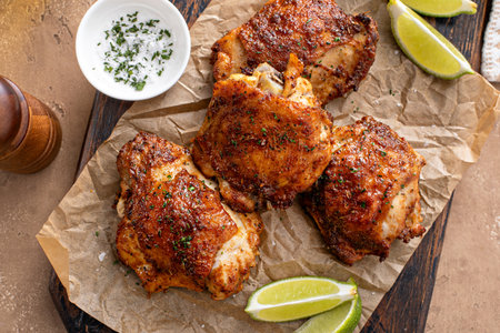 Chicken thighs roasted or air fried with paprika, spices rub and lime on a cutting board overhead shotの写真素材