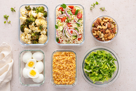 Healthy vegetarian meal prep with boiled eggs, roasted vegetables, cooked lentils, couscous salad and mixed nutsの写真素材