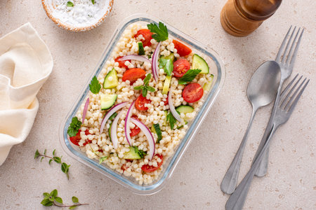 Pearl couscous salad with fresh vegetables and herbs in a meal prep container, healthy lunch or side dish ideaの写真素材
