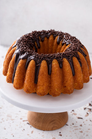 Traditional pound cake or orange pond cake topped with chocolate ganache and chocolate sprinklesの写真素材