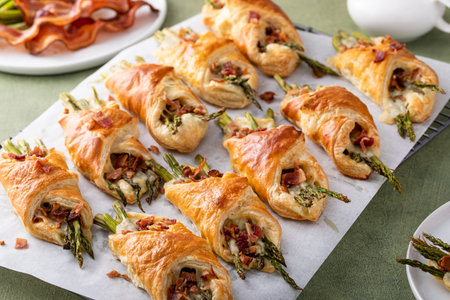 Asparagus bundles with brie cheese wrapped in puff pastry and topped with baconの写真素材