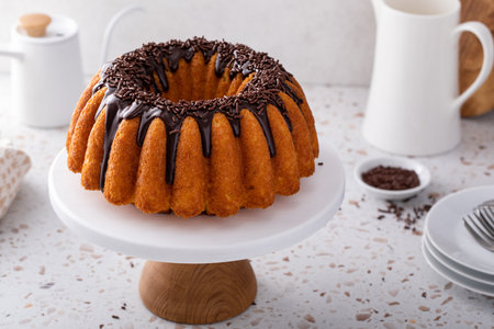 Traditional pound cake or orange pond cake topped with chocolate ganache and chocolate sprinklesの写真素材