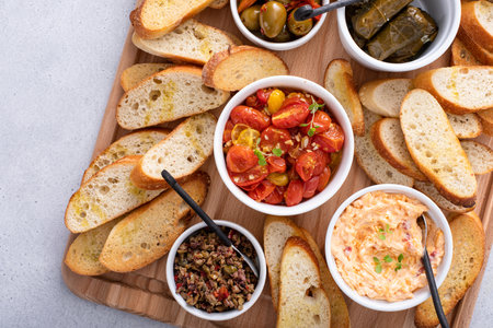 Snack board with baguette and dips and appetizers, roasted tomatoes, olives, dolma and pimento cheeseの写真素材