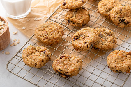 Breakfast cookies with oats, nuts and dried cranberriesの写真素材