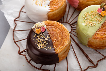 Round croissants with filling and glaze, trendy dessert idea, closeup shotの写真素材
