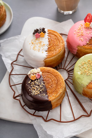 Round croissants with filling and glaze, trendy dessert ideaの写真素材
