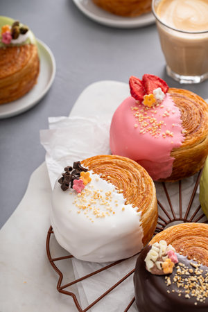 Round croissants with filling and glaze, trendy dessert idea, closeup shotの写真素材