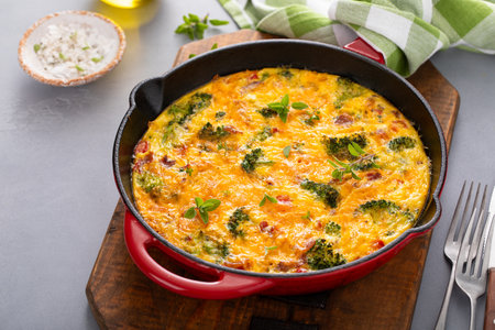 Healthy frittata or quiche with broccoli and red pepper, topped with cheddar cheese and bacon whole in a cast iron panの写真素材