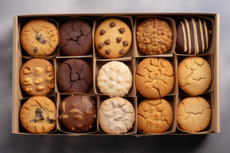 Box of assorted cookies overhead with chocolate chip, shortbread, chocolate coveredの素材