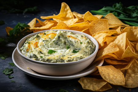 Artichoke dip in a baking dish with corn tortilla chipsの素材