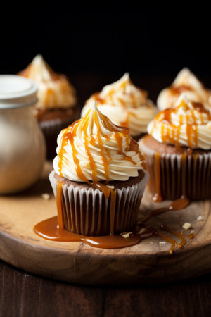 Caramel cupcakes with chocolate cupcakes and salted caramel frosting drizzled with sauceの素材
