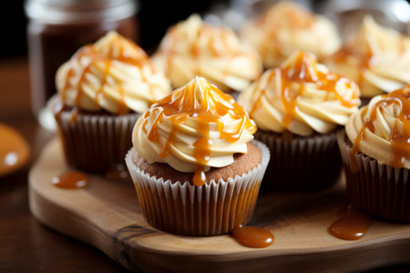 Caramel cupcakes with chocolate cupcakes and salted caramel frosting drizzled with sauceの素材