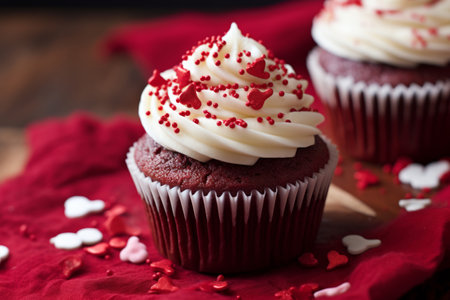 Red velvet cupcakes for Valentines day with heart shaped sprinklesの素材