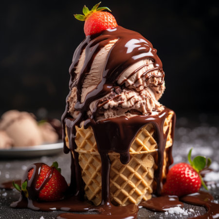 Chocolate ice cream in a cake cone with chocolate syrup dripping down the sideの素材