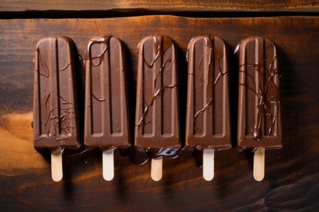 Chocolate popsicles overhead on dark wooden tableの素材