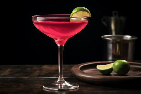 Classic cosmopolitan cocktail in a dark bar settingの素材