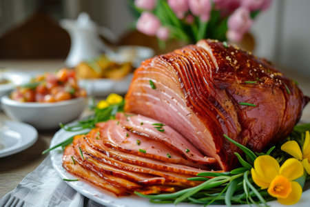 Spiral sliced ham for Easter brunch, honey glazed ham on the tableの素材