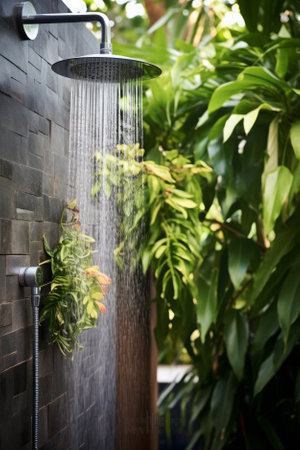 Water coming out of a shower head in an outdoor shower full of plants, frozen movementの素材