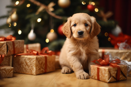 Puppy surrounded by gift boxes under a Christmas tree, getting puppy for Christmasの素材