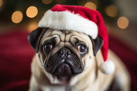 Pug in a Santa Claus hat, puppy for Christmasの素材