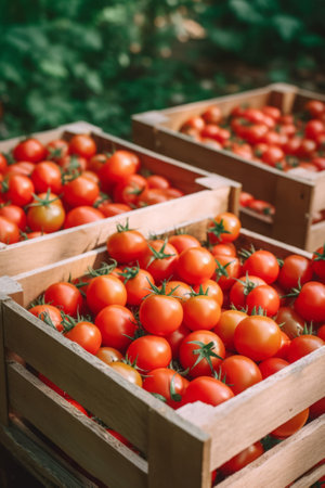 Fresh ripe tomatoes in a wooden crate, harvest conceptの素材