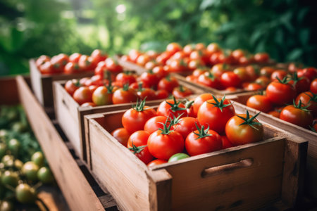 Fresh ripe tomatoes in a wooden crate, harvest conceptの素材