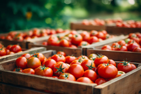 Fresh ripe tomatoes in a wooden crate, harvest conceptの素材