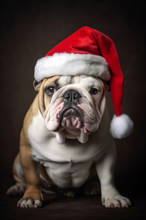 French bulldog in a Santa Claus hat, puppy for Christmasの素材