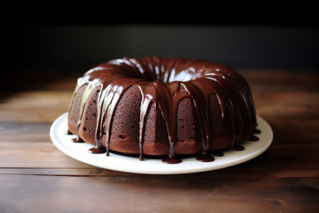 Chocolate bundt cake with chocolate ganache glaze on a wooden tableの素材
