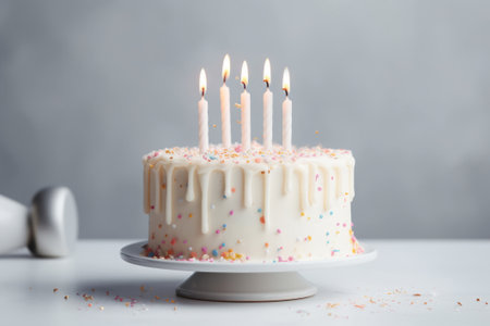 White vanilla birthday cake with sprinkles and candles on white table, minimalistic styleの素材
