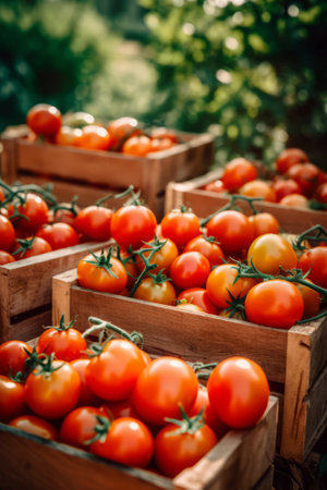 Fresh ripe tomatoes in a wooden crate, harvest conceptの素材