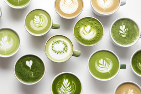 Many matcha and turmeric lattes in mugs with latte art, overhead viewの素材
