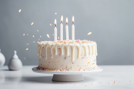 White vanilla birthday cake with sprinkles and candles on white table, minimalistic styleの素材