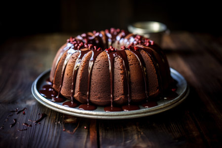 Chocolate bundt cake with chocolate ganache glaze on a wooden tableの素材