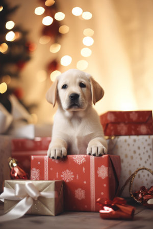Puppy surrounded by gift boxes under a Christmas tree, getting puppy for Christmasの素材