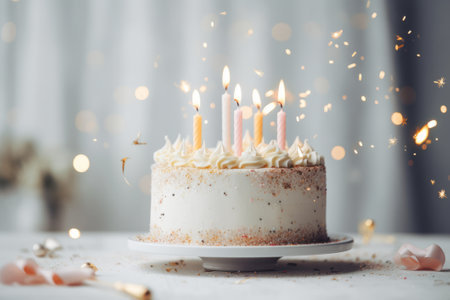 White vanilla birthday cake with sprinkles and candles on white table, minimalistic styleの素材