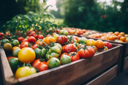 Fresh ripe tomatoes in a wooden crate, harvest conceptの素材